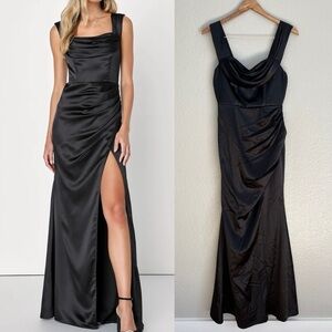 Stunning Arrival Black Satin Off-The-Shoulder Maxi Dress